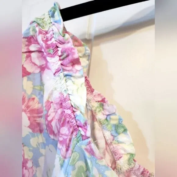 Almost Famous Women's Junior Blouse, Large, Puff Sleeve Pastel Rose Pink Blue - Picture 10 of 16